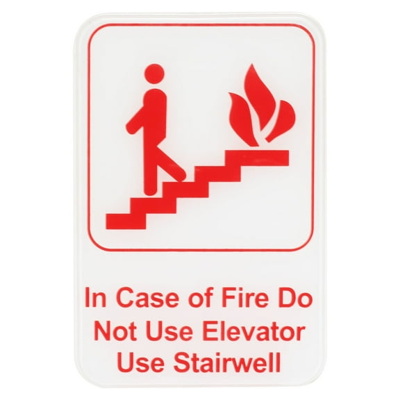 Excellante Red on white 6 x9 inch information sign with symbols - in case of fire do not use elevator, use stairwell, comes in each