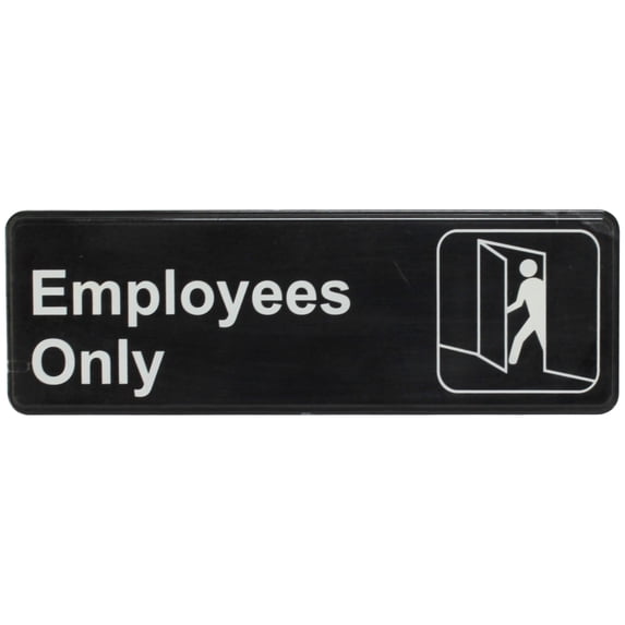 Excellante White on black 9 x 3 inch information sign with symbols - employees only, comes in each