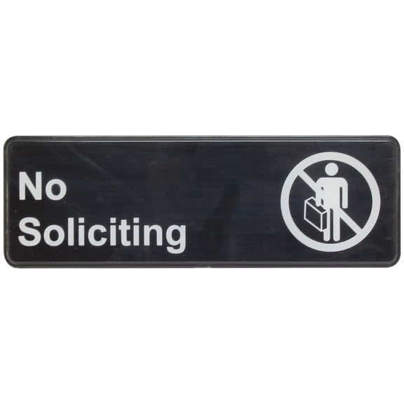 Excellante White on black 9 x 3 inch information sign with symbols - no soliciting, comes in each