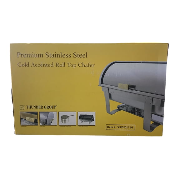 Excellante stainless steel 8 quart roll top / golden handle chafer, comes in set