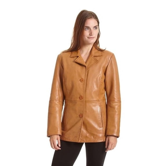 Excelled 1876RLJ Ladies Lambskin Button Front Hipster Length Style Jacket with Notched Collar & Welt Pockets, Saddle - Small