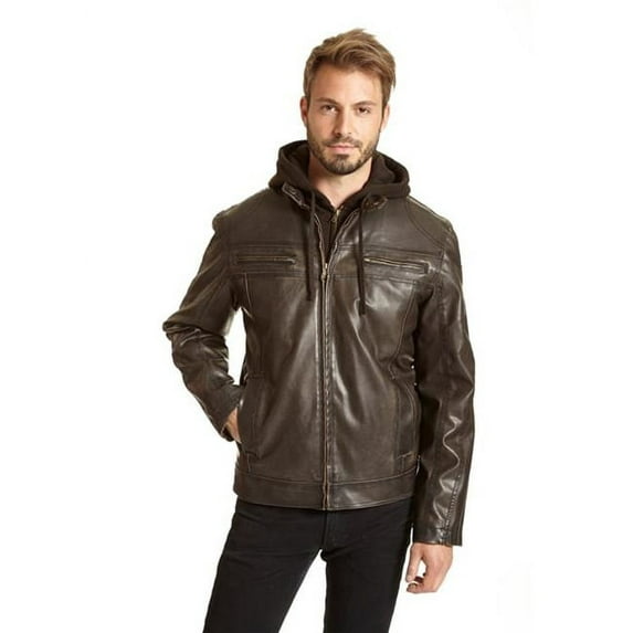 Excelled X2081PU Mens Hooded Faux Leather Jacket, Brown - Large