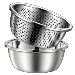 Excellent 304 Stainless Steel Colander Mixing Bowl Set, Food Safe Rice Drainer & Wash Basin, Deep Nesting 10.2 x 10.2 x 4.3 inch Multifunctional Kitchen Strainer for Washing, Draining, & Prep