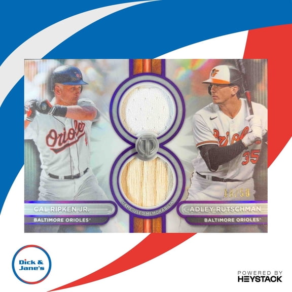 Excellent Adley Rutschman Cal Ripken Jr DR2-RR Tribute Dual Relics Dual Player Purple MLB Card Baltimore Orioles MLB Baseball Trading Card