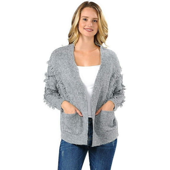 Excellentop Women's V Neck Open Front Frayed Fringe Cardigan Plunge Sweater with pockets