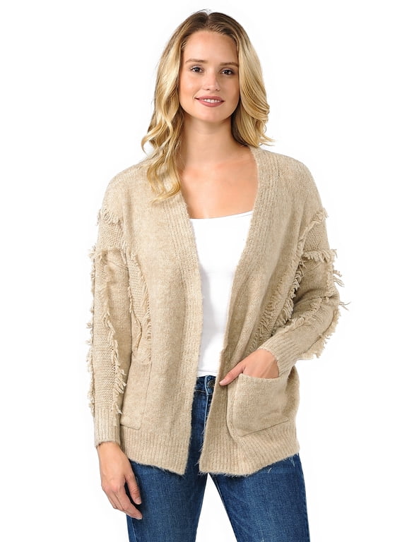 Women's V Neck Open Front Frayed Fringe Cardigan Plunge Sweater with pockets