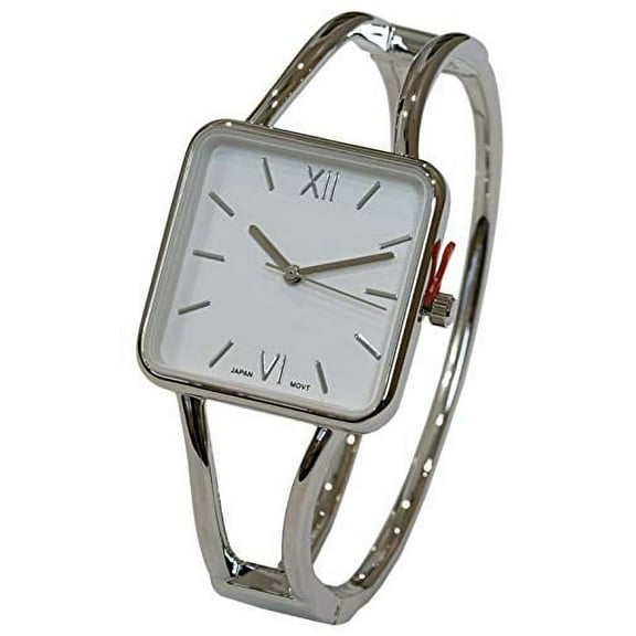 Excellentwatches-Silver Square Face White Dial Metal Double Band Fashion Women's Bangle Cuff Watch