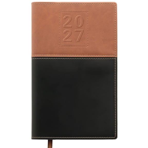 Excello 2027 14-Month Weekly & Monthly Pocket Planner, 5" x 8", Compact Agenda Calendar, 16 Notes Pages, Reference Calendars, Water-Resistant Cover, Brown/Black