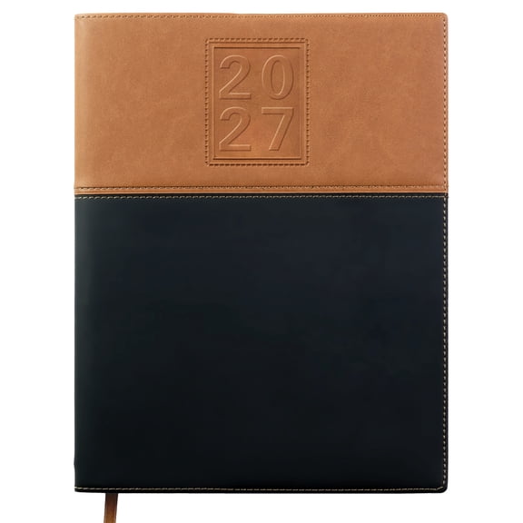 Excello 2027 14-Month Weekly & Monthly Pocket Planner, 8" x 10", Compact Agenda Calendar, 16 Notes Pages, Reference Calendars, Water-Resistant Cover, Brown/Black