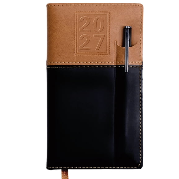 Excello 2027 14-Month Weekly & Monthly Pocket Planner with Pen, 3.5" x 6", Nov 2026-Dec 2027, Compact Agenda Calendar, 16 Notes Pages, Reference Calendars, Brown/Black