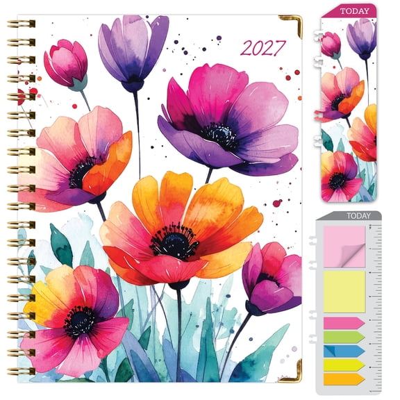 Excello 2027 15-Month Hardcover Weekly & Monthly Planner Calendar, 7" x 9", Monthly Tabs, Wire-O Binding, Pocket Folder, Bookmark & Sticky Notes, Rainbow Floral