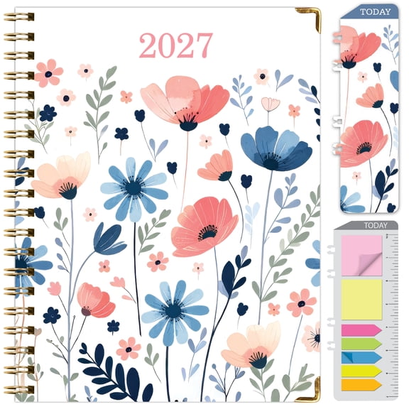 Excello 2027 15-Month Hardcover Weekly & Monthly Planner Calendar, 8.5" x 11", Monthly Tabs, Wire-O Binding, Pocket Folder, Bookmark & Sticky Notes, Colorful Botanicals