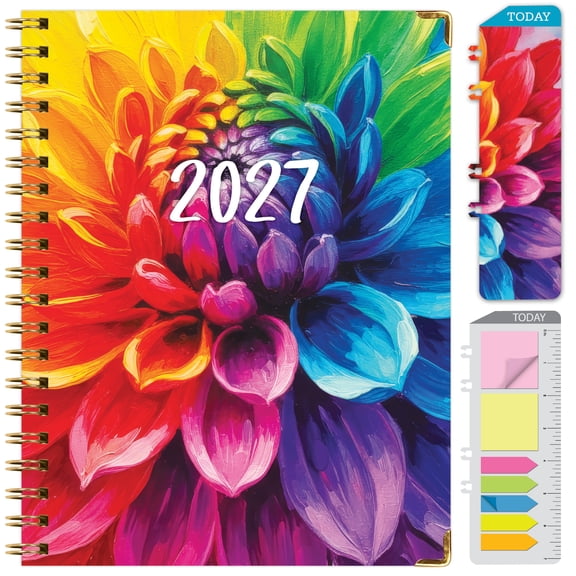 Excello 2027 15-Month Hardcover Weekly & Monthly Planner Calendar, 8.5" x 11", Monthly Tabs, Wire-O Binding, Pocket Folder, Bookmark & Sticky Notes, Rainbow Petals
