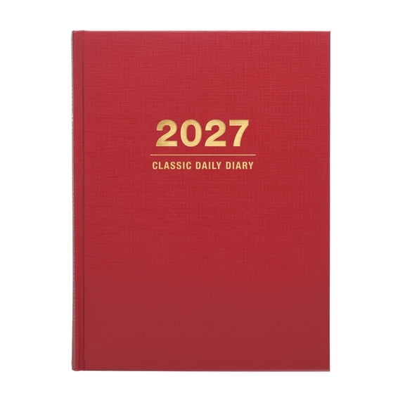 Excello 2027 Classic Hardcover Daily Diary Journal Planner, 6" x 8", One Page Per Day Appointment Book, Dated Calendar, Address Section, Monthly Cash Ledger, Textured Red Cover