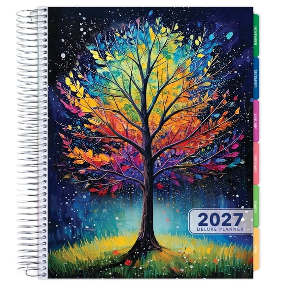 Excello 2027 Deluxe Daily, Weekly & Monthly Planner Calendar, 8.5" x 11", 14-Month, 14 Tabs, Five Sticker Sheets, Bookmark, Pocket Folder, Black Tree Seasons