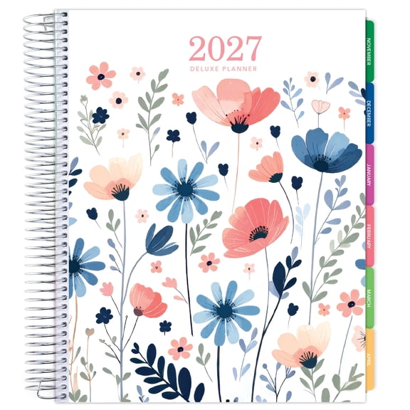 Excello 2027 Deluxe Daily, Weekly & Monthly Planner Calendar, 8.5" x 11", 14-Month, 14 Tabs, Five Sticker Sheets, Bookmark, Pocket Folder, Colorful Botanicals