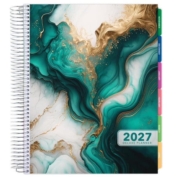 Excello 2027 Deluxe Daily, Weekly & Monthly Planner Calendar, 8.5" x 11", 14-Month, 14 Tabs, Five Sticker Sheets, Bookmark, Pocket Folder, Teal Gold Marble