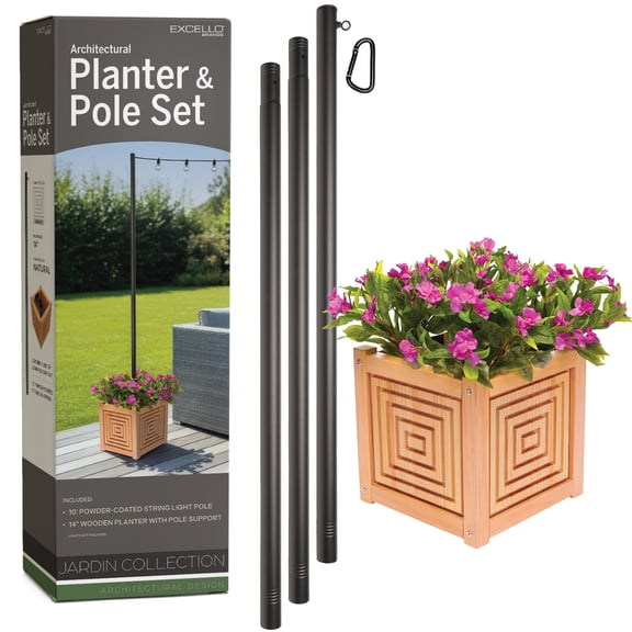 Excello Brands 14" Jardin Planter & String Light Pole Set - Square Natural