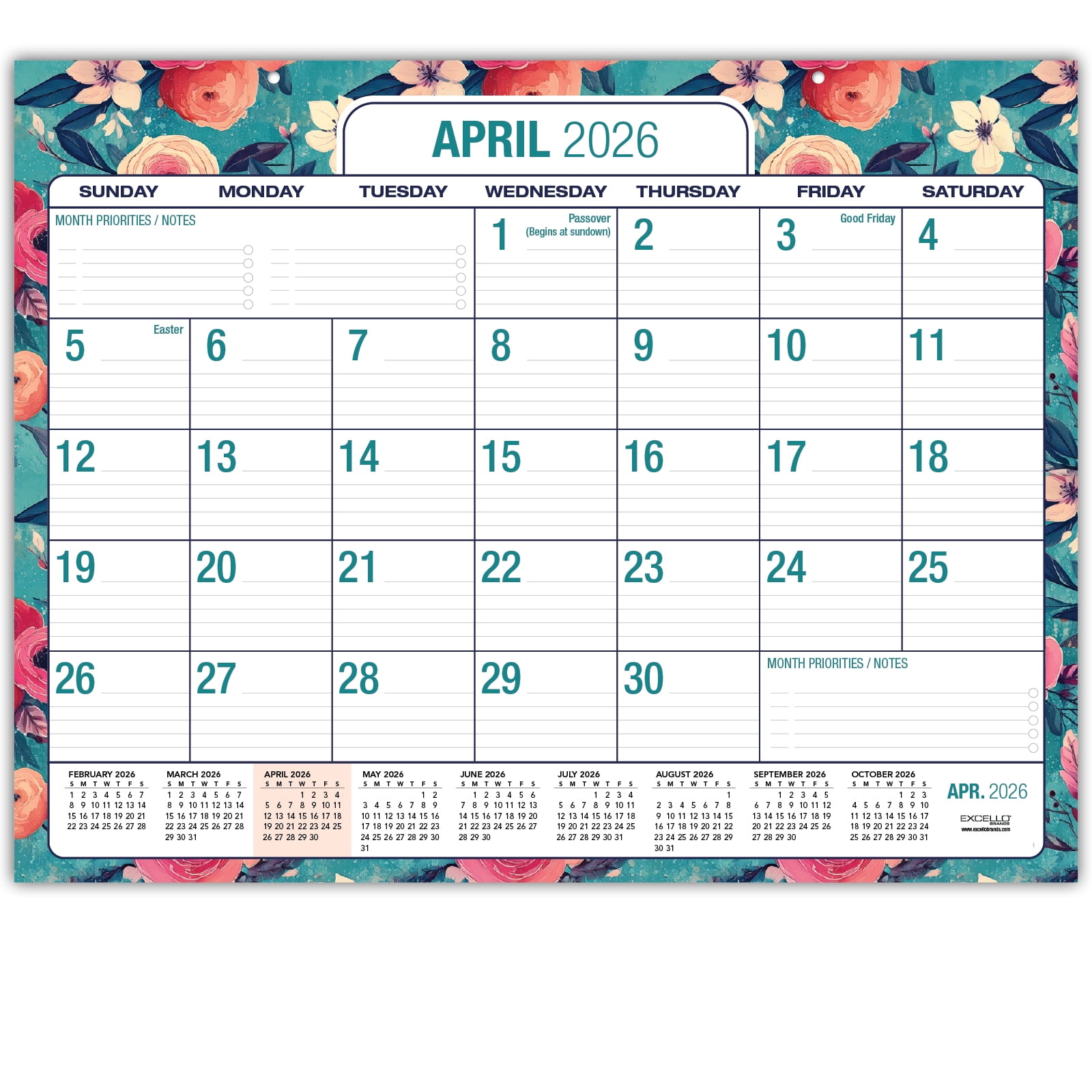 Excello Brands Desk Pad AY 2026-2027 - 22"x17" (Teal Floral)