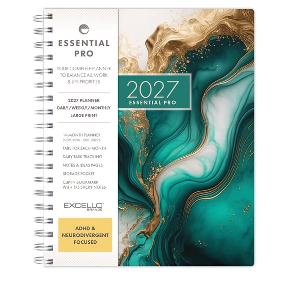 Excello Essential Pro 2027 Weekly & Monthly Planner, 7" x 9", 14-Month Calendar Nov 2026-Dec 2027, Monthly Tabs, Notes Pages, Storage Pocket, Bookmark & Sticky Notes, Teal Gold Marble