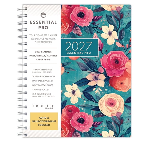 Excello Essential Pro 2027 Weekly & Monthly Planner, 7" x 9", 14-Month Calendar Nov 2026-Dec 2027, Monthly Tabs, Notes Pages, Storage Pocket, Bookmark & Sticky Notes, Teal Floral