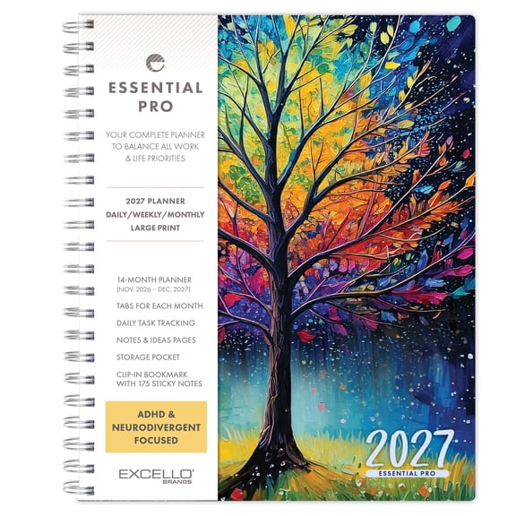 Excello Essential Pro 2027 Weekly & Monthly Planner, 8.5" x 11", 14-Month Calendar Nov 2026-Dec 2027, Monthly Tabs, Notes Pages, Storage Pocket, Bookmark & Sticky Notes, Black Tree Seasons