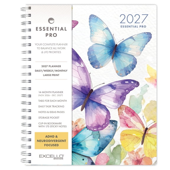 Excello Essential Pro 2027 Weekly & Monthly Planner, 8.5" x 11", 14-Month Calendar Nov 2026-Dec 2027, Monthly Tabs, Notes Pages, Storage Pocket, Bookmark & Sticky Notes, Watercolor Butterflies