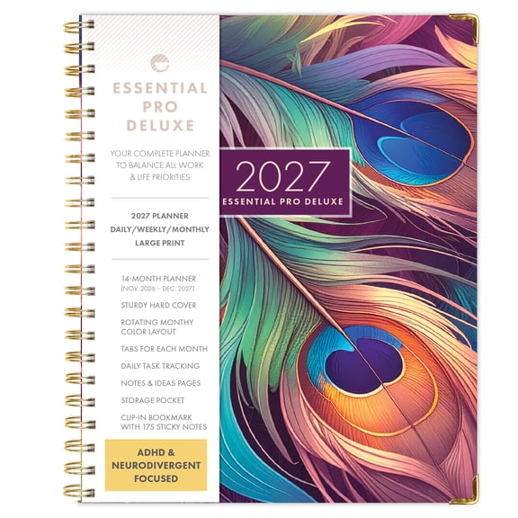 Excello Essential Pro Deluxe 2027 Weekly & Monthly Planner, 8.5" x 11", 14-Month Calendar, Monthly Tabs, Daily Tracking, Notes, Storage Pocket, Bookmark, Pastel Peacock