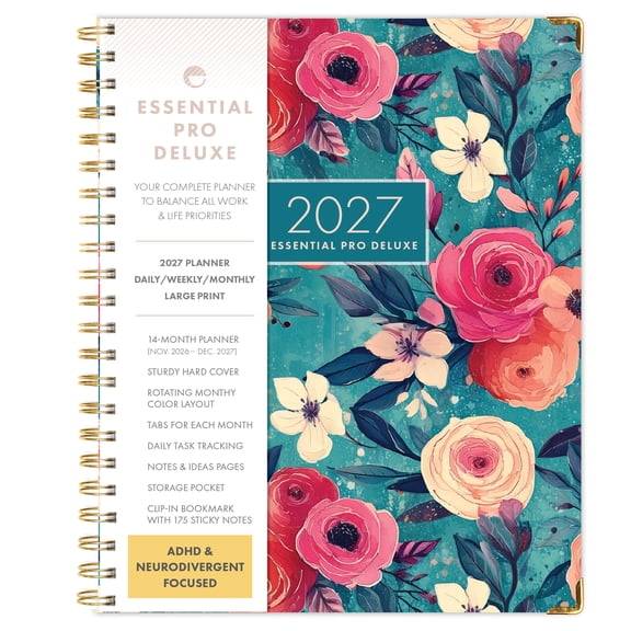 Excello Essential Pro Deluxe 2027 Weekly & Monthly Planner, 8.5" x 11", 14-Month Calendar, Monthly Tabs, Daily Tracking, Notes, Storage Pocket, Bookmark, Teal Floral