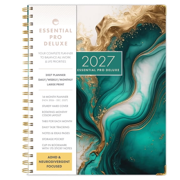 Excello Essential Pro Deluxe 2027 Weekly & Monthly Planner, 8.5" x 11", 14-Month Calendar, Monthly Tabs, Daily Tracking, Notes, Storage Pocket, Bookmark, Teal Gold Marble
