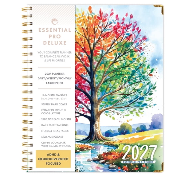 Excello Essential Pro Deluxe 2027 Weekly & Monthly Planner, 8.5" x 11", 14-Month Calendar, Monthly Tabs, Daily Tracking, Notes, Storage Pocket, Bookmark, Tree Seasons