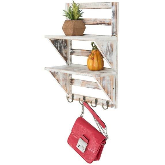 Excello Global Products 2-Tier Rustic Whitewashed Mounted Wood Wall Shelf with Shabby Chic, Farmouse Decor with 4 Hooks. Perfect For Any Room - EGP-HD-0055