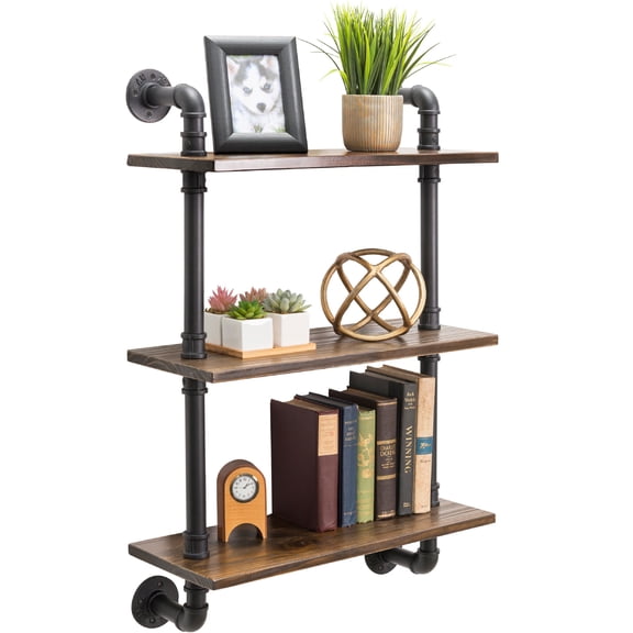 Excello Global Products 3-Tier Rustic Wooden Wall Floating Shelf Display 24"x36" With Iron Pipe For Kitchen, Bedroom, Office - EGP-HD-0056