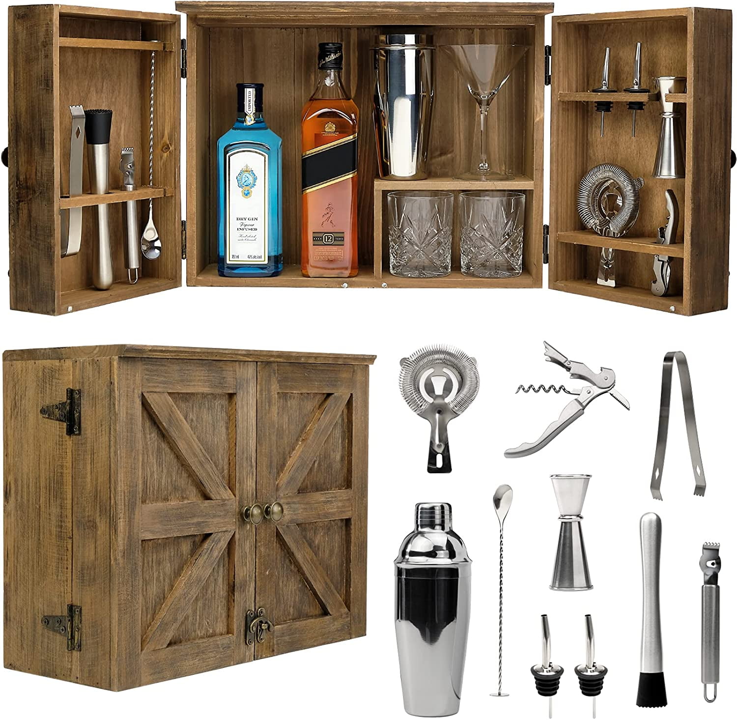 Excello Global Products Barndoor Bartender Cabinet with 12 Piece Bar Tool Set: The Perfect Kit for Home Bartenders (Rustic Brown)