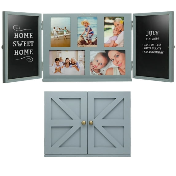 Excello Global Products Barndoor Rustic Wood Collage Picture Frame with 2 Magnetic Chalkboard Doors: Decor for Kitchen, Living Room, Bedroom, Office - Gray - EGP-HD-0413C