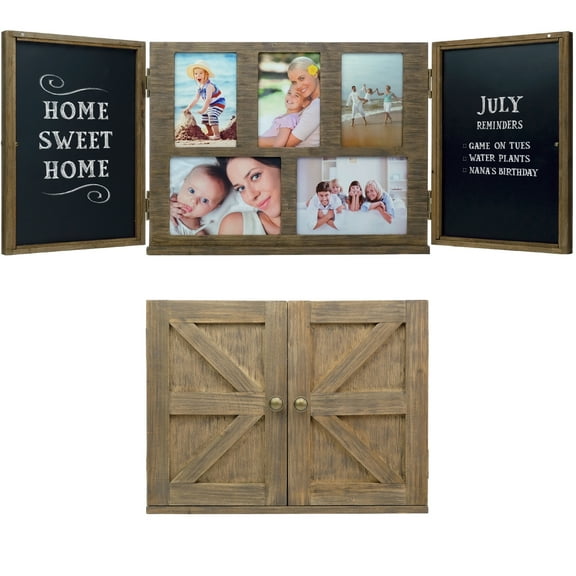 Excello Global Products Barndoor Rustic Wood Collage Picture Frame with 2 Magnetic Chalkboard Door - Holds 4x6 and 5x7 photos - EGP-HD-0413