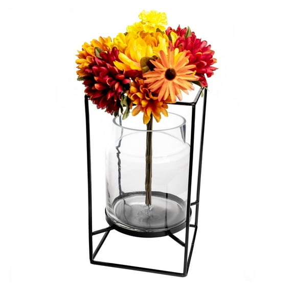 Excello Global Products Decorative Glass Vase with Metal Wire Stand: Clear Vase Decoration for Modern Home Decor (11.8" x 6.7") - EGP-HD-0346