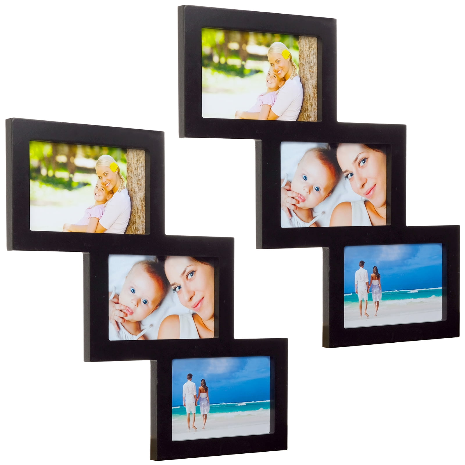 Excello Global Products Folding Wooden Collage Photo Frame, Holds 3x5 and 5x7 Photos, Desk Stand or Wall Mount, Black and White