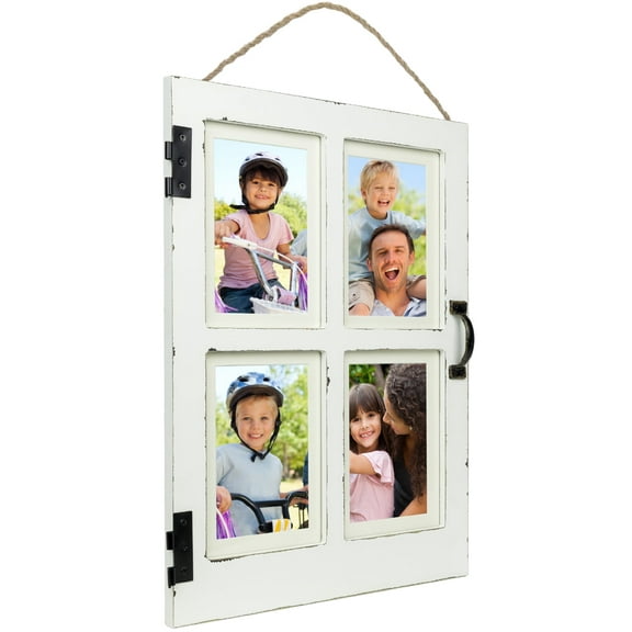 Excello Global Products EGP-HD-0140 Vintage Farmhouse Window Collage Picture Frames, Rustic Distressed Wall Hanging Wooden Picture Frames, Holds Four 4" x 6" or 5" x 7" Photos, White