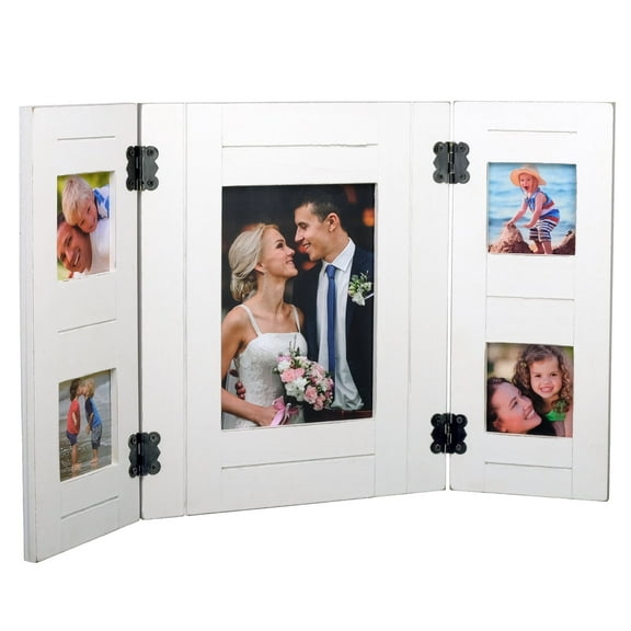 Excello Global Products EGP-HD-0388 Rustic Distressed Wood Collage Picture Frames, Holds Four 3" X 3" Pictures and One 5"x7" Picture Photo Frames, Tabletop & Wall Picture Frames, White, 18" X 11"