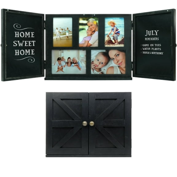 Excello Global Products EGP-HD-0413B Barndoor Wood Collage Picture Frames with 2 Magnetic Chalkboard Doors for Kitchen, Living Room, Family Photo Collage Frames,Black,12.8"x34" (12.8"x17" When Closed)