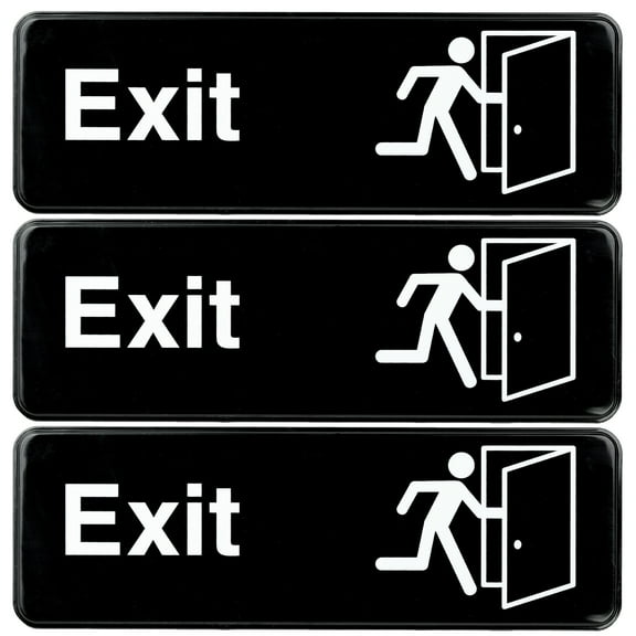 Excello Global Products Easy to Mount 9 by 3 in Informative Plastic Exit Sign with Symbols, Black, Pack of 3 - EGP-HD-0258