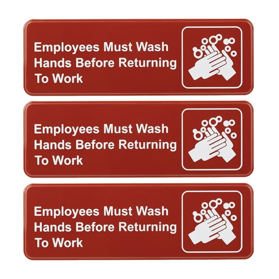 Excello Global Products Employees Must Wash Hands Before Returning to Work Sign: Easy to Mount Plastic Safety Informative Sign With Symbols Great for Business, 9"x3", Pack of 3 (Red) - EGP-HD-0133