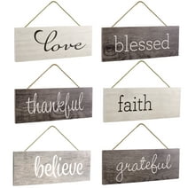 Excello Global Products Hanging Home Decor Sign with Sawtooth Hook and Jute Hanging Rope (Grateful, Love, Believe, Thankful, Faith, Blessed) - EGP-HD-0357
