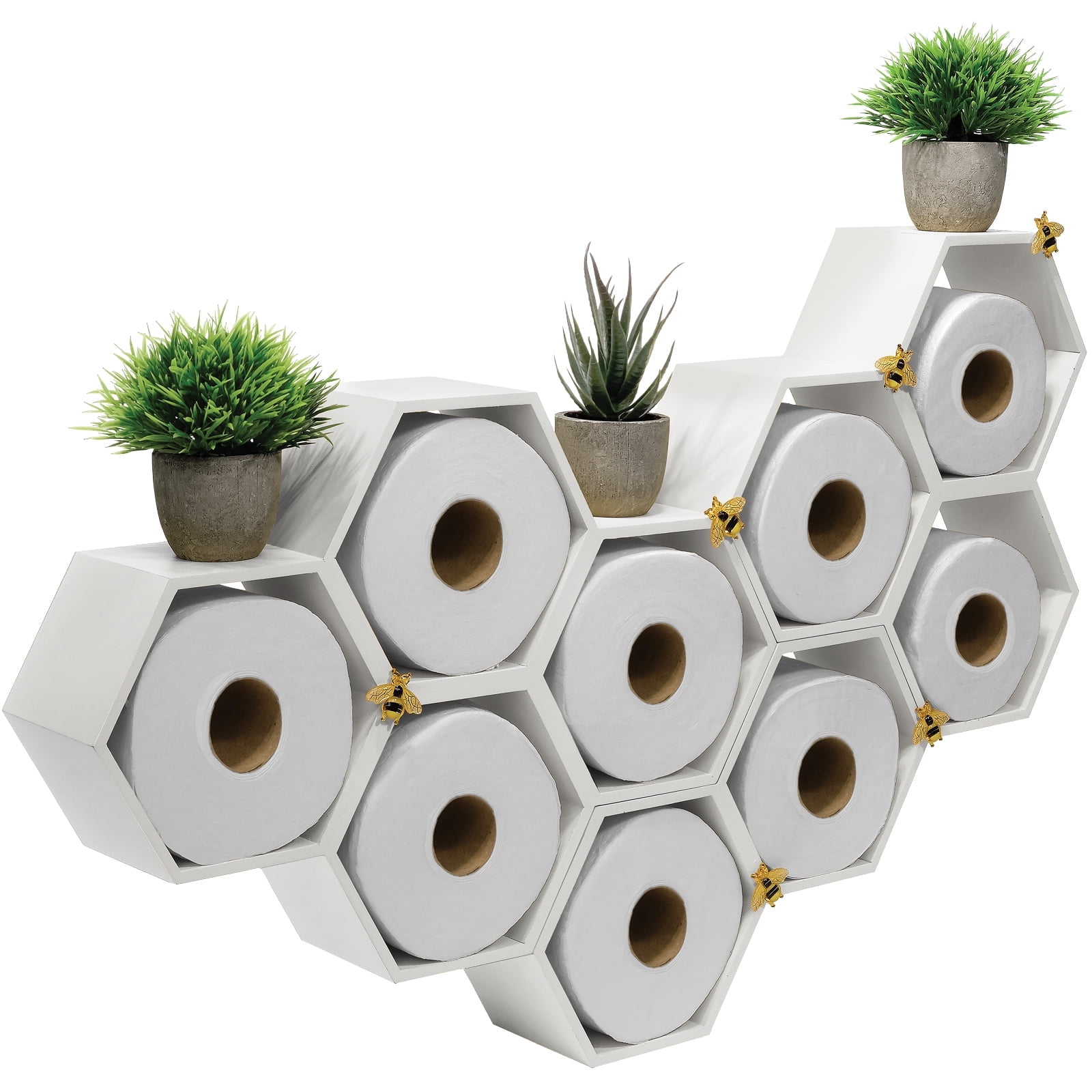Excello Global Products Honeycomb Toilet Paper Holder with Bees - Holds 9 Rolls - Multiple Configurations, White