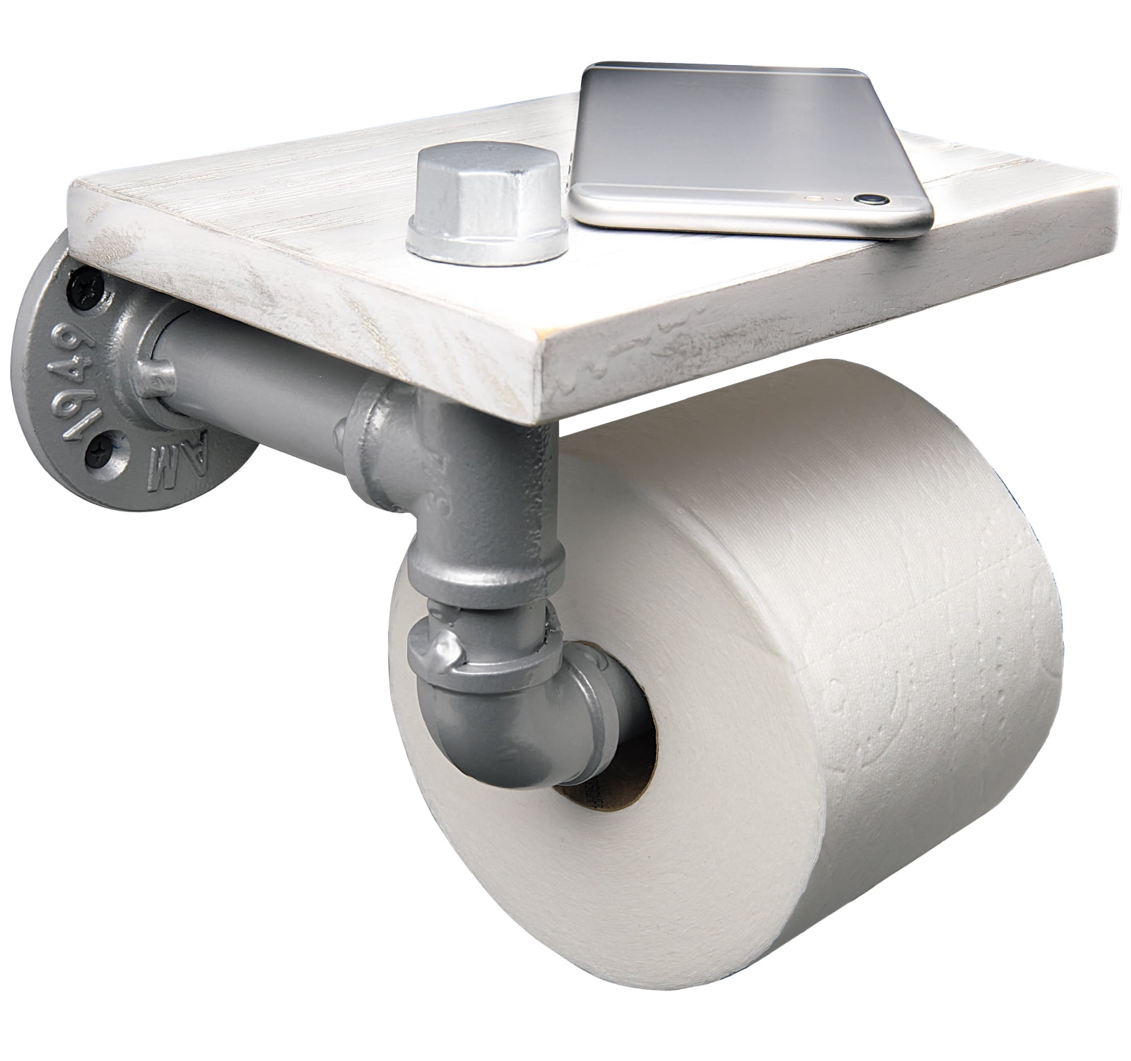 Industrial White Wood Shelf Toilet Paper Holder with Silver Pipe