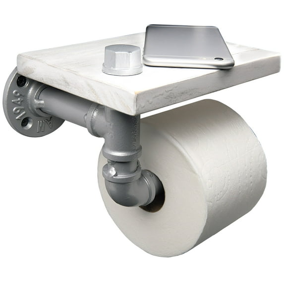 Excello Global Products Industrial Toilet Paper Holder with Distressed White Wooden Shelf and Silver Iron Pipe Hardware for Bathroom, Washroom - EGP-HD-0061A