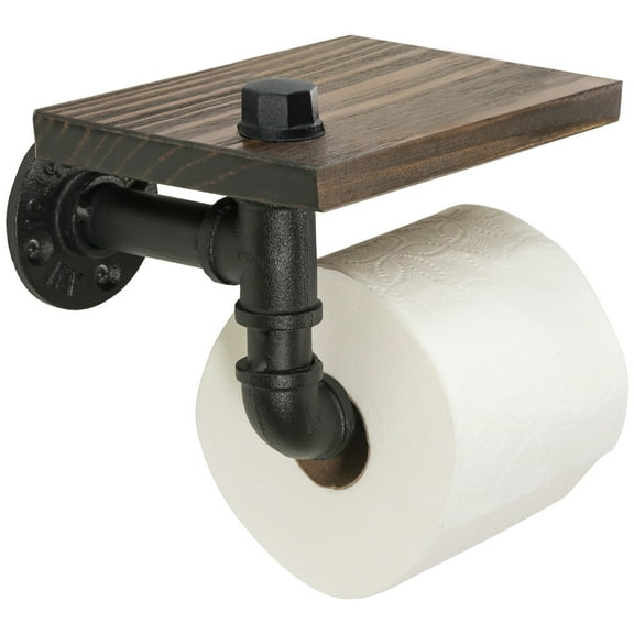 Excello Global Products Industrial Toilet Paper Holder With Rustic Wooden Shelf And Cast Iron Pipe Hardware For Bathroom, Washroom - EGP-HD-0061