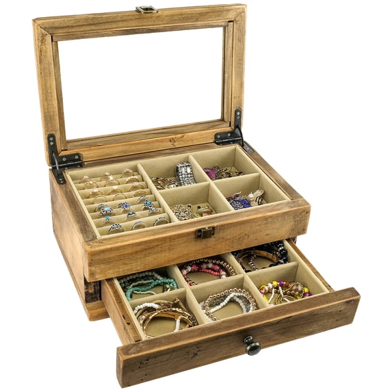 Excello Global Products Jewelry Box: Farmhouse Solid Wood Rustic Distressed Jewelry Organizer. Includes Glass Window and Storage Drawer. - EGP-HD-0404
