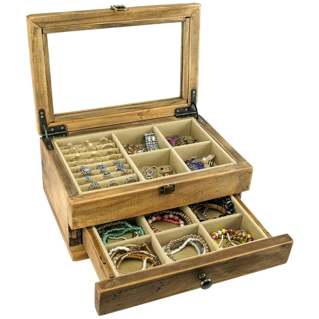 Excello Global Products Jewelry Box: Farmhouse Solid Wood Rustic Distressed Jewelry Organizer. Includes Glass Window and Storage Drawer. - EGP-HD-0404